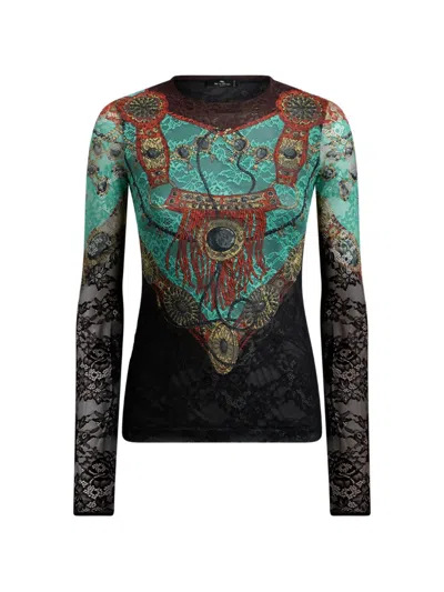 Etro Jersey Sweater With Lace And Placed Jewellery Print In Multi