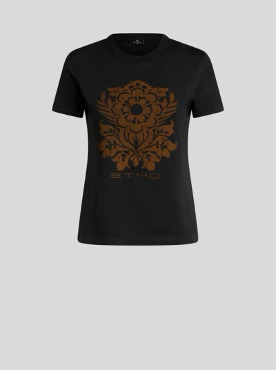 ETRO , JERSEY T-SHIRT WITH FLOWER PRINT, WOMAN, BLACK, SIZE S