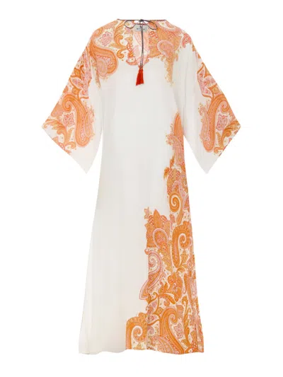 Etro Kaftano Bianco And Orange With Print  In Multi
