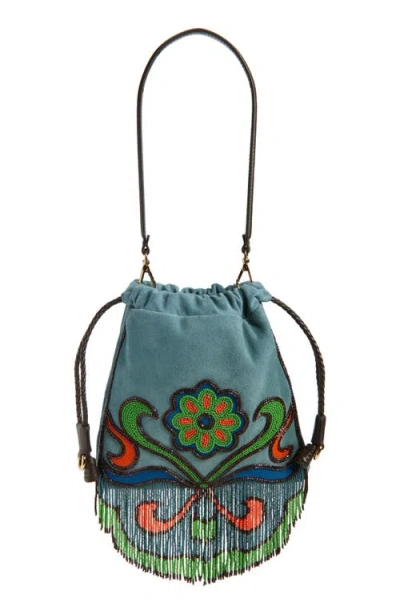 Etro Kalispera Beaded Fringe Suede Shoulder Bag In Neutral