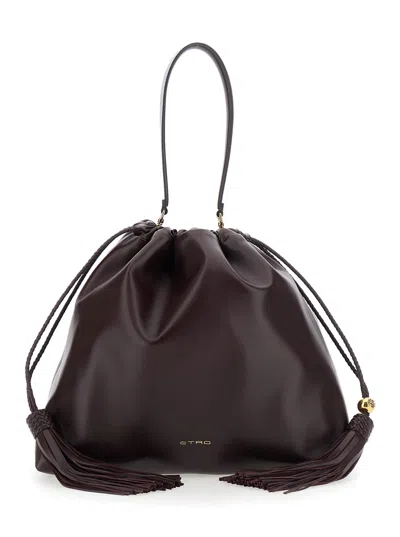 Etro Kalispera Leather Shoulder Handbag With Fringes, Elegant Details In Black