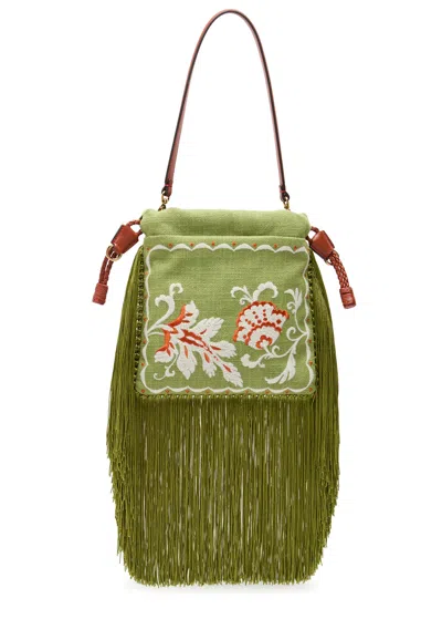 Etro Kalispera Small Embroidered Linen Shoulder Bag In Green