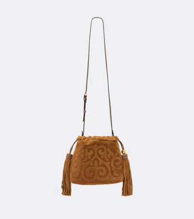 Etro Kalispera Small Embroidered Suede Clutch In Sand