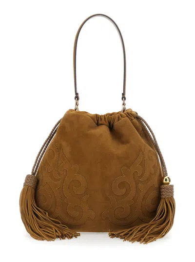 Etro Kalispera Suede Shoulder Handbag With Drawstring Closure, Tassels And Removable Top Handle In Beige