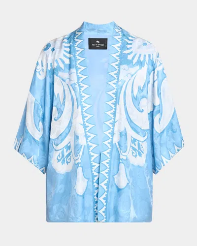 Etro Kesa Jacquard Summer Paisley Silk Robe In Print On White Base