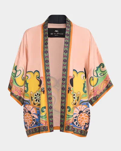 Etro Kesa Printed Silk Short-sleeve Open Jacket In Pink