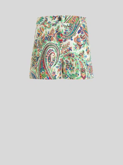 Etro Kid's Stretch Denim/cotton Shorts With Floral Paisley Print In Multicolour