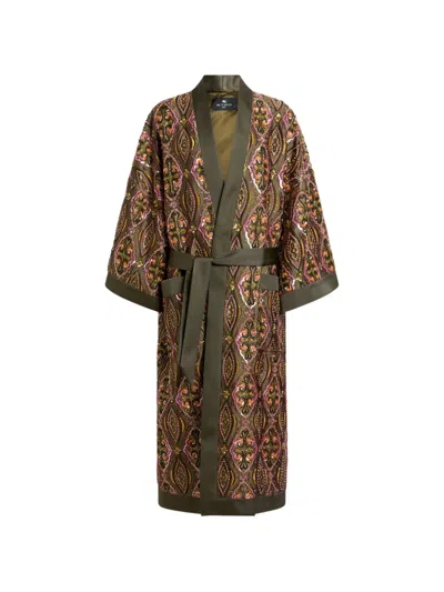 Etro Kimono Coat With Beads And Floral Medallion Embroidery In Green