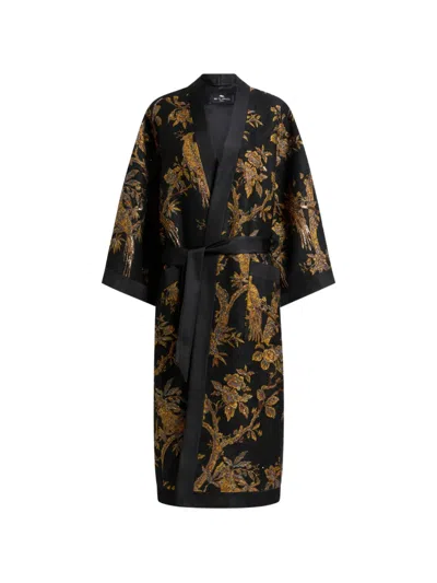 Etro Kimono Coat With Beads And Nature Embroidery In Black
