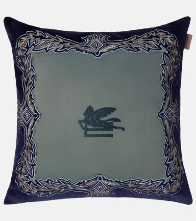 Etro Kiri Embroidered Cotton Velvet Cushion In Blue