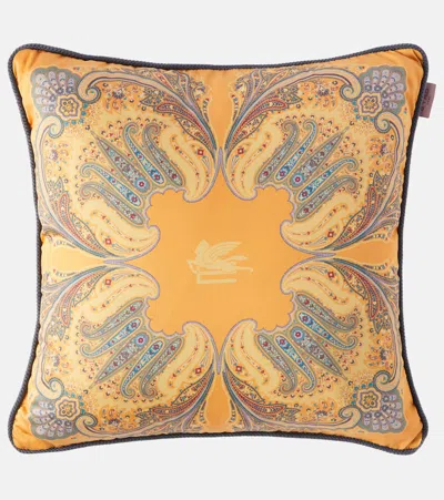 Etro Kiri Paisley Printed Cotton Cushion In Yellow