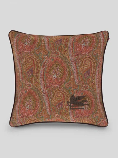 Etro , Kissen Aus Samt Und Leder Mit Arnica-motiv, Braun In Brown