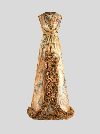 ETRO , PRINTED SILK BUSTIER DRESS WITH RUCHING, WOMAN, NAVY BLUE, SIZE 44