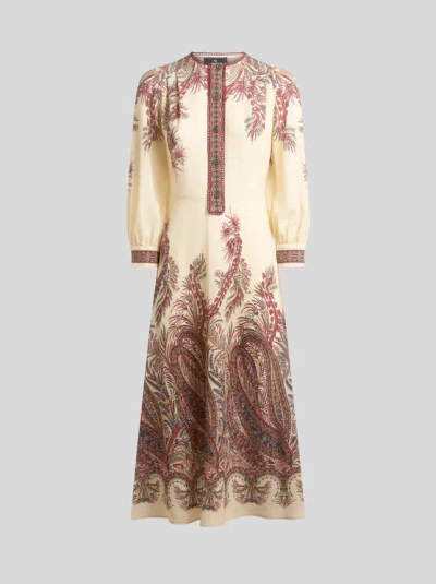 Etro Sable Midi Dress With Floral Paisley Print In Nude