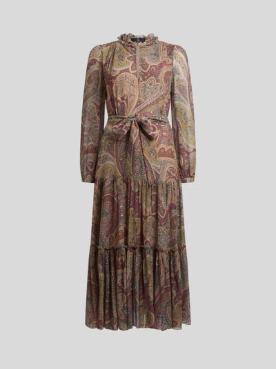 Etro , Kleid Aus Seiden-crepon Mit Paisleymuster, Damen, Bordeaux, Grösse 46 In Brown
