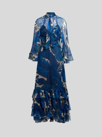 ETRO , DRESS WITH MAXI FLORAL PRINT AND DETACHABLE CAPE, WOMAN, ELECTRIC BLUE, SIZE 42