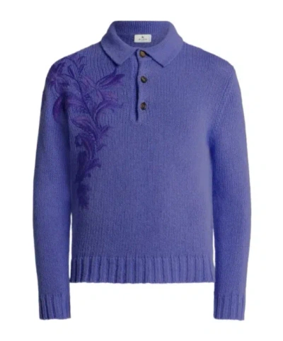 Etro Knit Cotton Polo Shirt With Floral Embroidery In Purple