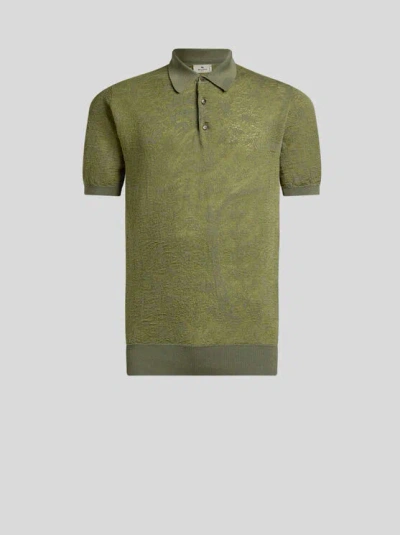 Etro Knit Cotton Polo Shirt With Floral Paisley Motif In Green