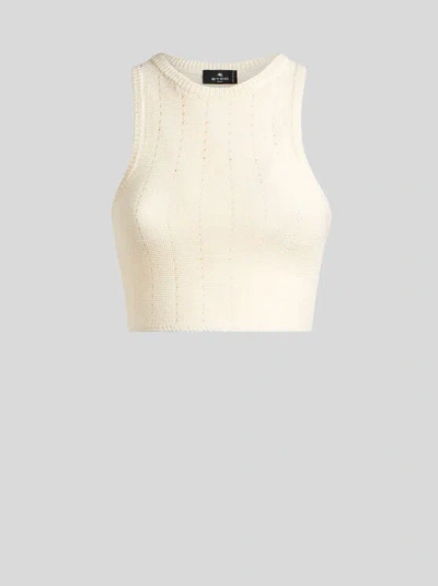 ETRO , KNIT CROP TOP WITH PUNCHED DETAIL, WOMAN, WHITE, SIZE 38