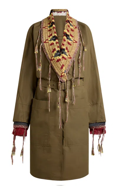 Etro Knit-detailed Gabardine Coat In Green