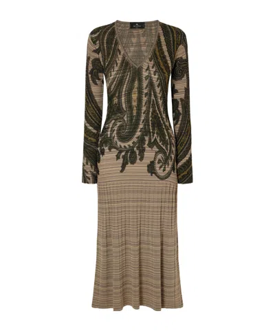 Etro Printed Ribbed-knit Midi Dress In Brown