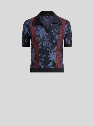 Etro Knit Jacquard Polo Shirt With Floral Motif In Navy Blue