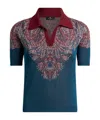 Etro Collared V-neck Polo With Patterned Ribbed Cuffs In Green