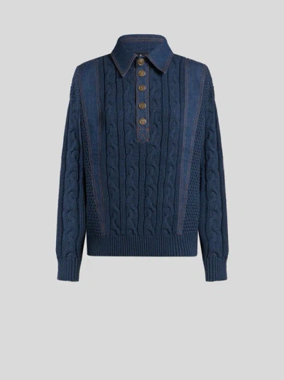 Etro Knit Polo Shirt With Denim Inserts In Navy Blue