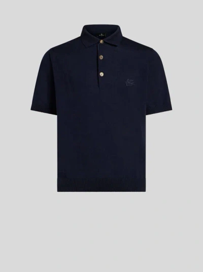 Etro Knit Polo Shirt With Embroidered Pegaso In Black