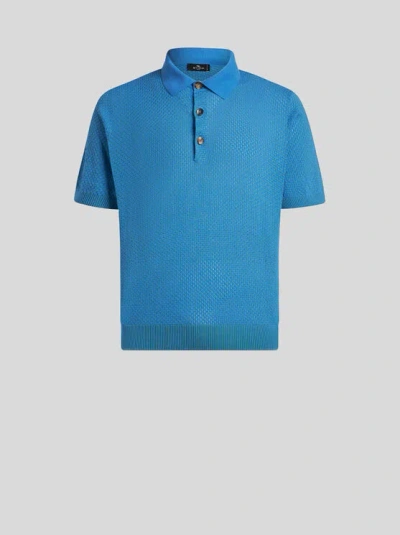 Etro Knit Polo Shirt With Micro-design In Light Blue