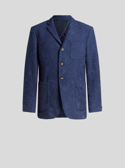 Etro , Knit Single-breasted Cotton Jacquard Jacket With Leafy Motif, Man, Blue, Size 58