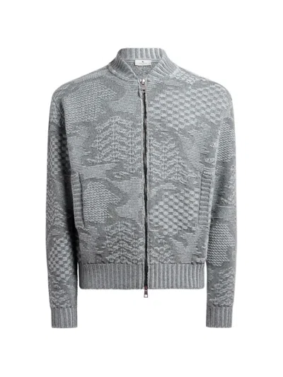 Etro Knit Wool-blend Bomber Jacket With Motif In Blue