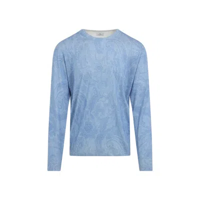 Etro Knitted C-neck Pale Blue Silk And Cashmere Pullover