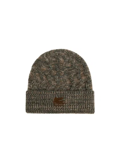 Etro Cable-knit Embroidered-logo Beanie Hat In Green