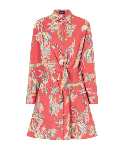 Etro Knotted Printed Cotton-blend Mini Dress In Red