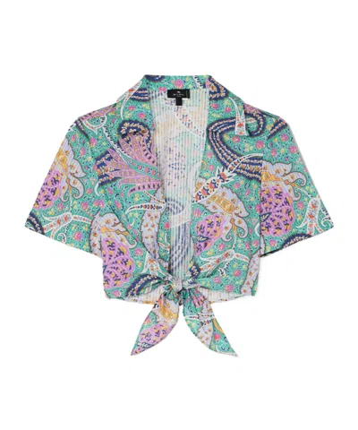 Etro Knotted Cropped Cotton And Silk-blend Voile Shirt In Animal Print
