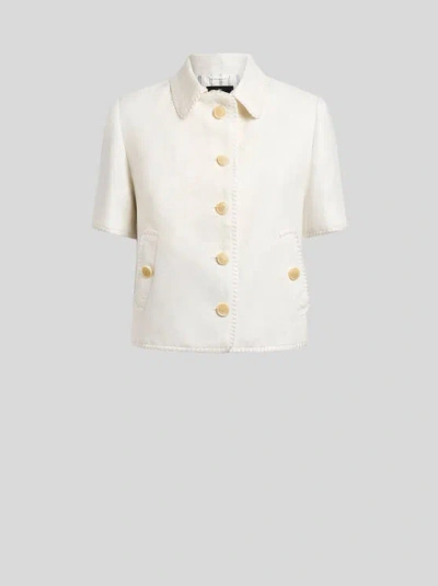 Etro Short-sleeved Cropped Linen Jacket With Pegaso Buttons In White
