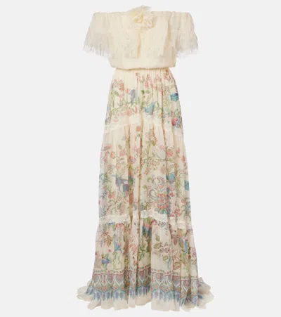 Etro Off-the-shoulder Lace-trimmed Floral-print Silk-chiffon Maxi Dress In Neutral