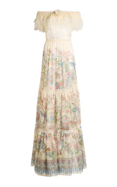 Etro Lace-trimmed Silk Off-the-shoulder Maxi Dress