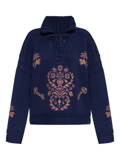 Etro Lace-up Embroidered Sweater In Multi