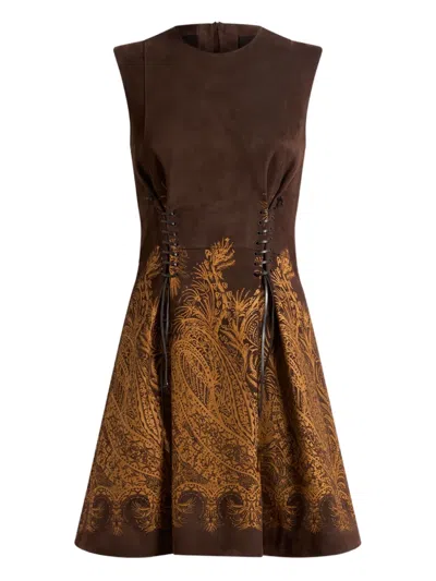 Etro Lace-up Paisley-print Mini Dress In Brown