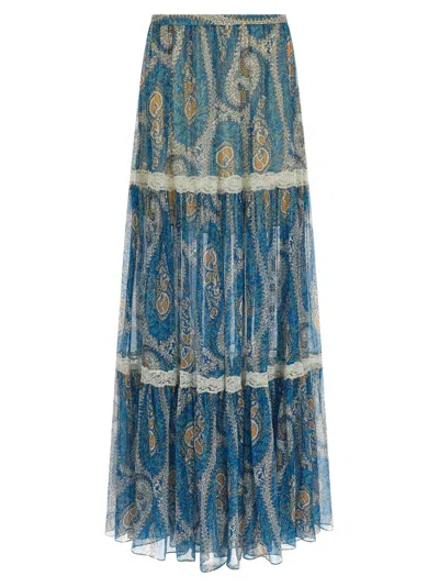 Etro Lace-insert Patterned Silk Skirt In Blue
