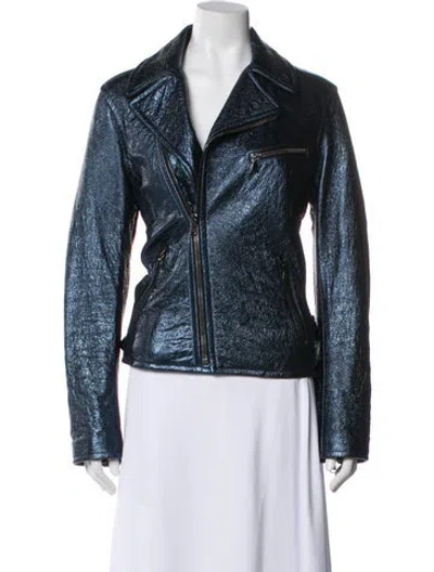 Pre-owned Etro Lamb Leather Biker Jacket In Blue