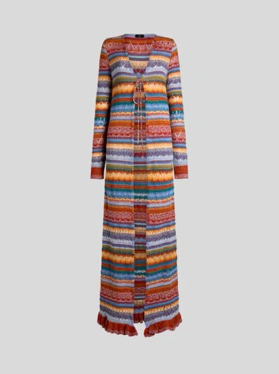 Etro , Langer Cardigan Aus Ajour-strickstoff Aus Gestreifter Baumwolle, Damen, Multicolor, Grösse 42