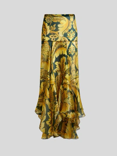 ETRO , SILK MAXI SKIRT WITH FLOWER AND BEE MOTIF, WOMAN, YELLOW, SIZE 44