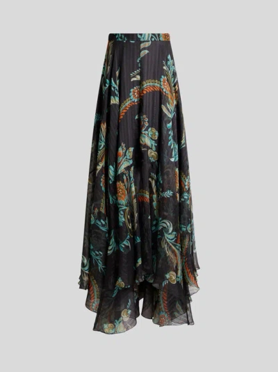 ETRO , SILK MAXI SKIRT WITH FLORAL MOTIF, WOMAN, BLACK, SIZE 46