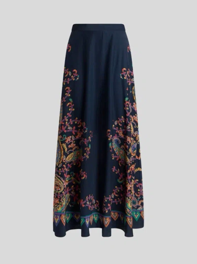 Etro , Langer Rock Aus Seide Mit Platziertem, Floralem Paisley-print, Damen, Blau, Grösse 50 In Blue
