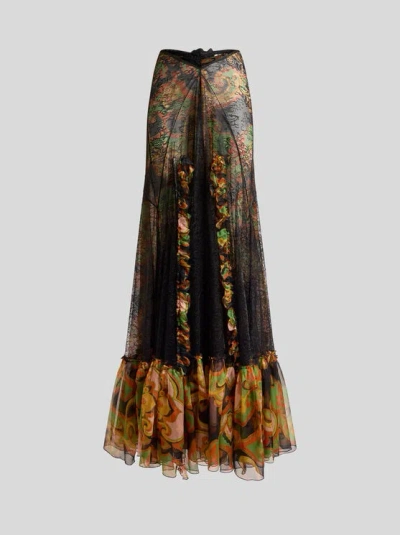 Etro Silk Maxi Skirt With Lace And Floral Motif In Multi