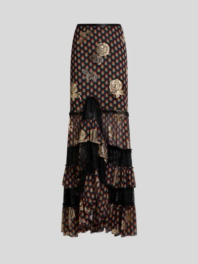 Etro Roses-pattern Lace Asymmetric Skirt In Brown