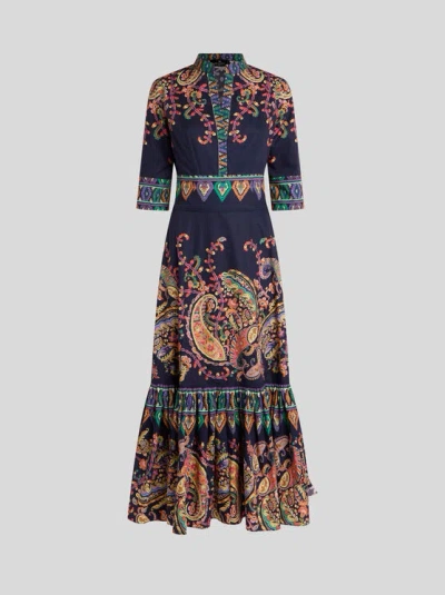 Etro , Langes Kleid Aus Baumwolle Mit Platziertem, Floralem Paisley-print, Damen, Grösse 46 In Blue